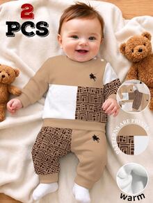 Newborn Baby Knight Geometric Print Top And Cuffed Pants Set - Multicolor - View 8