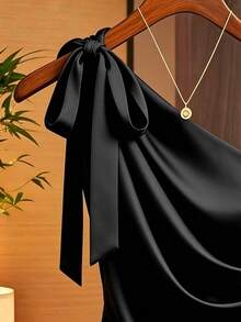 SHEIN Franclia Black,Summer,Elegant,Party Night Caramel Brown Satin Asymmetric Shoulder Bow Decor Blouse,Ruched Fitted Niche Design Top,Fashionable Shirt For Dates - Black - View 3