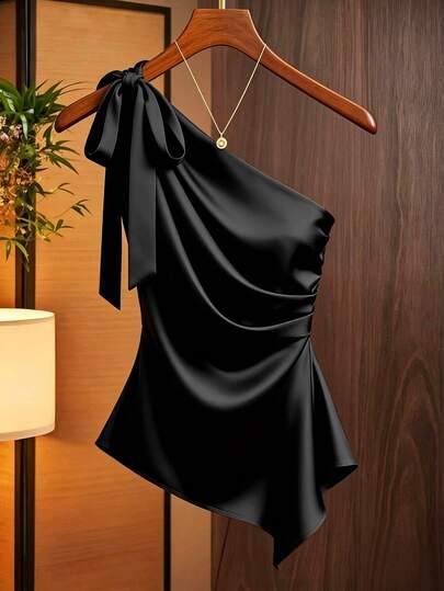 SHEIN Franclia 焦糖棕色缎面不对称肩部蝴蝶结装饰衬衫，不对称褶皱修身小众设计上衣，适合约会、通勤，性感不对称肩部叠穿，时尚优雅衬衫