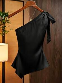 SHEIN Franclia Black,Summer,Elegant,Party Night Caramel Brown Satin Asymmetric Shoulder Bow Decor Blouse,Ruched Fitted Niche Design Top,Fashionable Shirt For Dates - Black - View 2