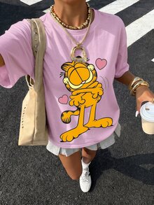 Muchica GARFIELD | SHEIN 34%棉休閒極簡圖案圓領短袖寬鬆女款T恤，卡通印花設計，適合外出、街頭穿搭、機場造型、時尚、返校、Y2K、派對、海灘度假、假期 - 淺粉色 - 查看 8