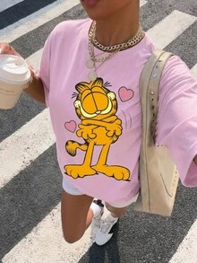 Muchica GARFIELD | SHEIN 34%棉休閒極簡圖案圓領短袖寬鬆女款T恤，卡通印花設計，適合外出、街頭穿搭、機場造型、時尚、返校、Y2K、派對、海灘度假、假期 - 淺粉色 - 查看 9