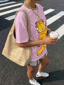 Muchica GARFIELD | SHEIN 34%棉休閒極簡圖案圓領短袖寬鬆女款T恤，卡通印花設計，適合外出、街頭穿搭、機場造型、時尚、返校、Y2K、派對、海灘度假、假期 - 淺粉色 - 查看 6