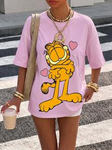 Muchica GARFIELD | SHEIN 34%棉休閒極簡圖案圓領短袖寬鬆女款T恤，卡通印花設計，適合外出、街頭穿搭、機場造型、時尚、返校、Y2K、派對、海灘度假、假期 - 淺粉色 - 查看 3