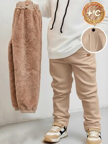 SHEIN 小男孩秋冬基礎卡其休閒長褲，半鬆緊腰頭配單鈕扣門襟，側邊皮革標籤設計，韓系簡約通勤休閒風，適合日常上學、家庭聚會、短途旅行、半正式生日場合等 - 彩色 - 查看 2