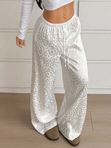 CovetEZ Pantalones casuales de pierna ancha con cordón ajustable, estampado de leopardo blanco, talla grande, otoño - Blanco - Ver 7
