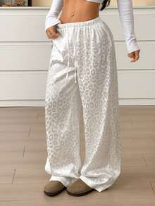 CovetEZ Pantalones casuales de pierna ancha con cordón ajustable, estampado de leopardo blanco, talla grande, otoño - Blanco - Ver 3