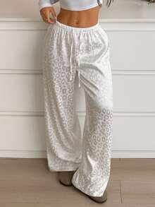 CovetEZ Pantalones casuales de pierna ancha con cordón ajustable, estampado de leopardo blanco, talla grande, otoño - Blanco - Ver 4