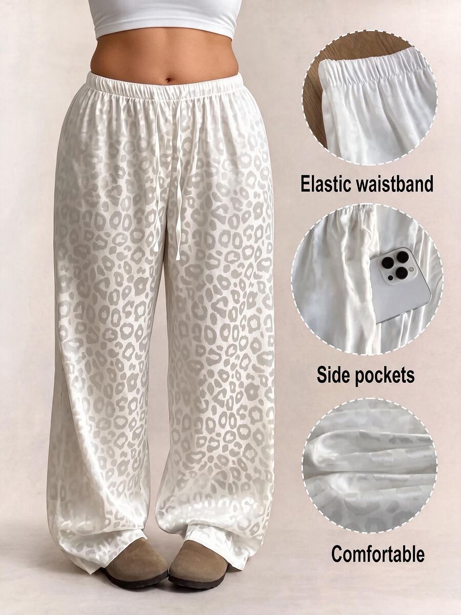CovetEZ Pantalones casuales de pierna ancha con cordón ajustable, estampado de leopardo blanco, talla grande, otoño - Blanco - Ver 1
