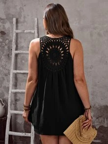 Rosumi Plus Size Women's Lace Patchwork High-Low Tank Top - Black - View 7