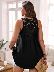 Rosumi Plus Size Women's Lace Patchwork High-Low Tank Top - Black - View 2