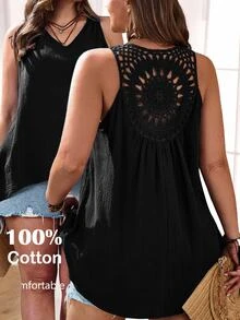 Rosumi Plus Size Women's Lace Patchwork High-Low Tank Top - Black - View 1