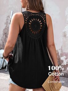 Rosumi Plus Size Women's Lace Patchwork High-Low Tank Top - Black - View 8