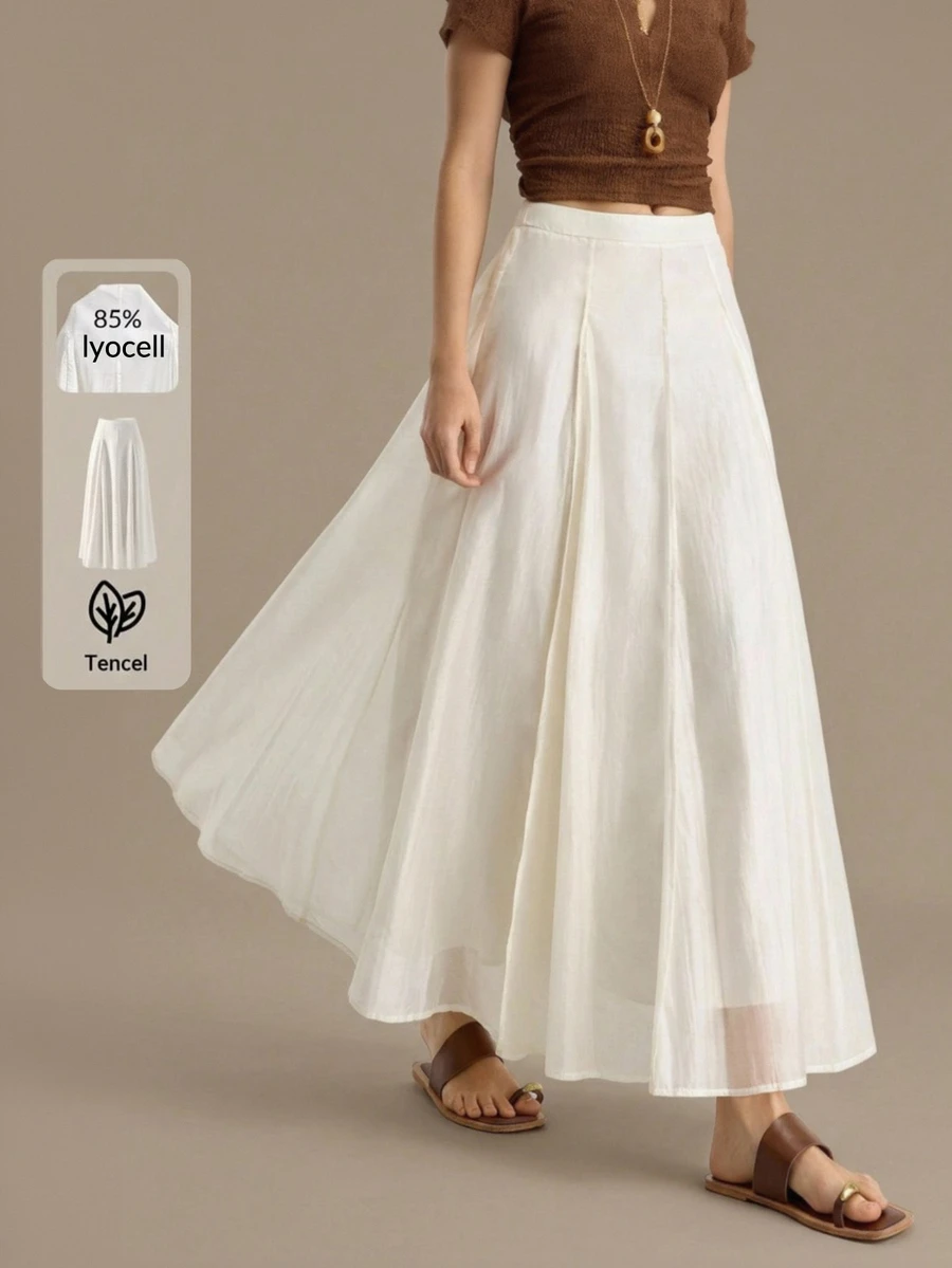 Ontre Women's Off-White Summer Minimalist Vacation Lyocell Fabric Super Flared Skirt,Bohemian Beige & Apricot Elegant High-End Patchwork Long Skirt - Apricot - View 1