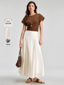 Ontre Women's Off-White Summer Minimalist Vacation Lyocell Fabric Super Flared Skirt,Bohemian Beige & Apricot Elegant High-End Patchwork Long Skirt - Apricot - View 2