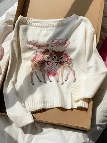 Comfortcana 女款卡通印花休閒可愛日常長袖針織衫 校園風 彩色秋季 - 白色 - 查看 8