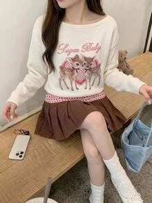 Comfortcana 女款卡通印花休閒可愛日常長袖針織衫 校園風 彩色秋季 - 白色 - 查看 4