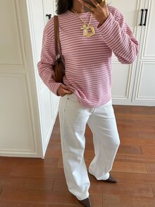 SHEIN EZwear 女款時尚粉色條紋拼接長袖圓領針織T恤，日常秋季休閒款 - 粉色 - 查看 5