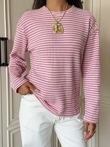 SHEIN EZwear 女款時尚粉色條紋拼接長袖圓領針織T恤，日常秋季休閒款 - 粉色 - 查看 6
