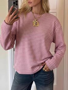 SHEIN EZwear 女款時尚粉色條紋拼接長袖圓領針織T恤，日常秋季休閒款 - 粉色 - 查看 9