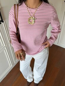 SHEIN EZwear 女款時尚粉色條紋拼接長袖圓領針織T恤，日常秋季休閒款 - 粉色 - 查看 4