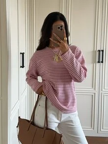 SHEIN EZwear 女款時尚粉色條紋拼接長袖圓領針織T恤，日常秋季休閒款 - 粉色 - 查看 7