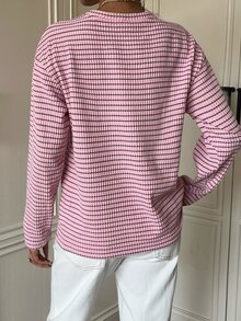SHEIN EZwear 女款時尚粉色條紋拼接長袖圓領針織T恤，日常秋季休閒款 - 粉色 - 查看 3