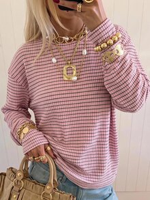 SHEIN EZwear 女款時尚粉色條紋拼接長袖圓領針織T恤，日常秋季休閒款 - 粉色 - 查看 1