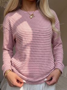 SHEIN EZwear 女款時尚粉色條紋拼接長袖圓領針織T恤，日常秋季休閒款 - 粉色 - 查看 2