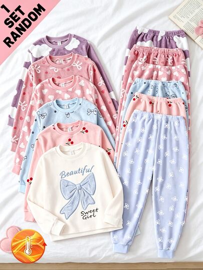2pcs/Set Tween Tween Girls Round Neck Long Sleeve Top & Pants, Blue & White Flannel Fabric, Embroidered Bow & Print, Sweet Cute Comfortable Soft Casual Loungewear, Winter