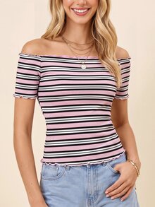 Coeurva Vacation 粉色與白色條紋針織露肩短袖女款 T-shirt 夏季上衣 海灘洋裝上衣 波希米亞熱帶風 - 粉色 - 查看 1