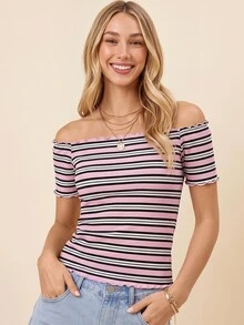 Coeurva Vacation 粉色與白色條紋針織露肩短袖女款 T-shirt 夏季上衣 海灘洋裝上衣 波希米亞熱帶風 - 粉色 - 查看 3
