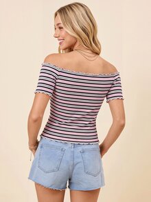Coeurva Vacation 粉色與白色條紋針織露肩短袖女款 T-shirt 夏季上衣 海灘洋裝上衣 波希米亞熱帶風 - 粉色 - 查看 6