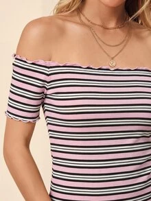 Coeurva Vacation 粉色與白色條紋針織露肩短袖女款 T-shirt 夏季上衣 海灘洋裝上衣 波希米亞熱帶風 - 粉色 - 查看 2