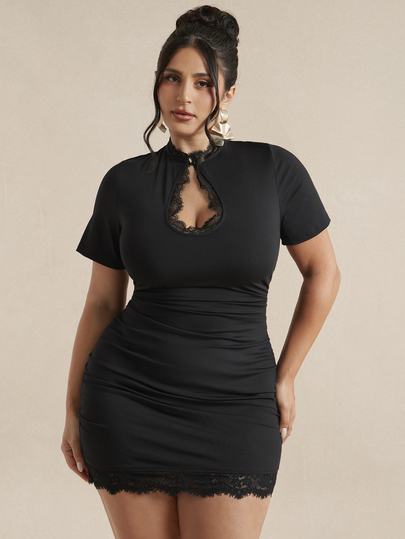 SHEIN BAE CURVE Gaun Mini Elegan Patchwork Renda Hitam untuk Wanita Ukuran Plus