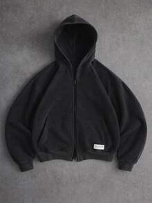 SUMWON Oversized Full-Zip Corduroy Hoodie With Side Pockets Ribbed Texture Casual Streetwear Winter Fall Essential - Dark Grey - View 4