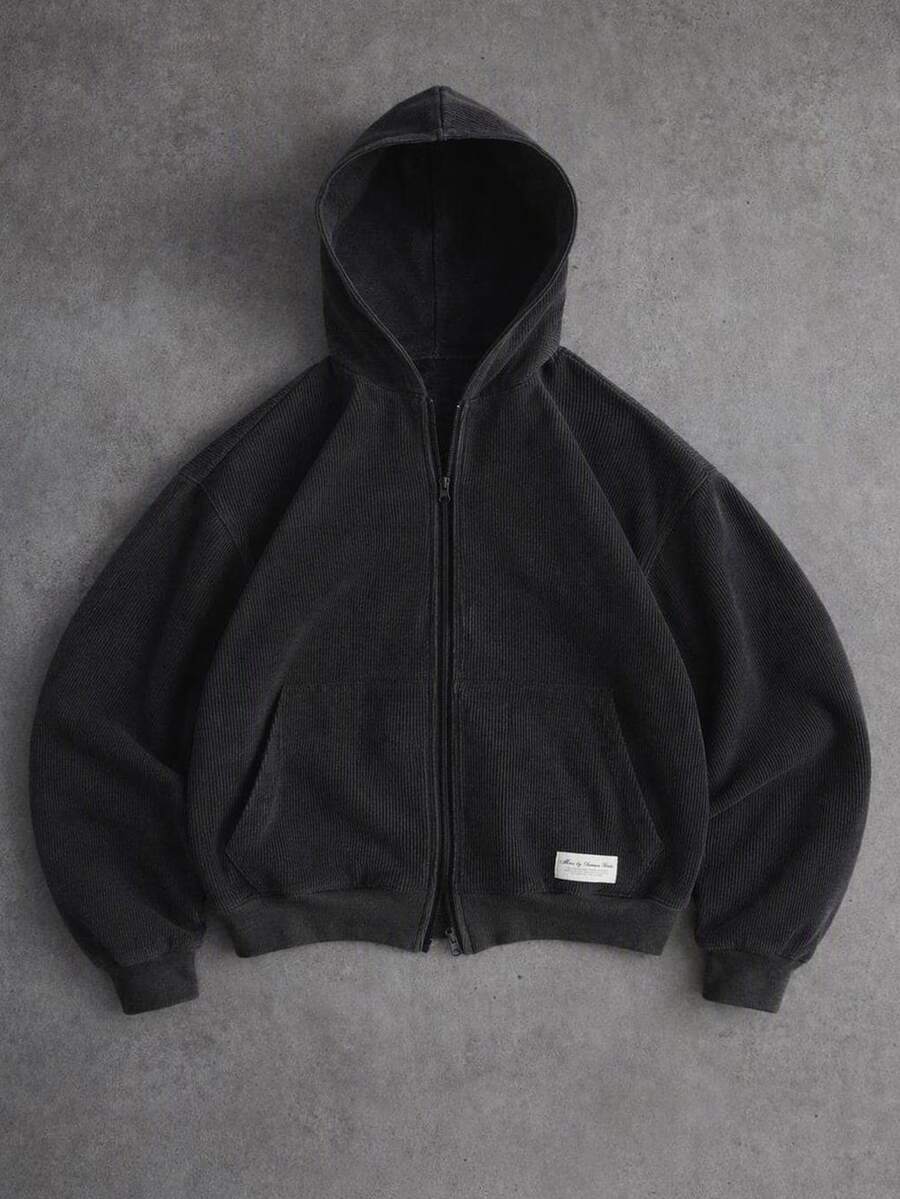 SUMWON Oversized Full-Zip Corduroy Hoodie With Side Pockets Ribbed Texture Casual Streetwear Winter Fall Essential - Dark Grey - View 1