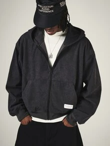 SUMWON Oversized Full-Zip Corduroy Hoodie With Side Pockets Ribbed Texture Casual Streetwear Winter Fall Essential - Dark Grey - View 1