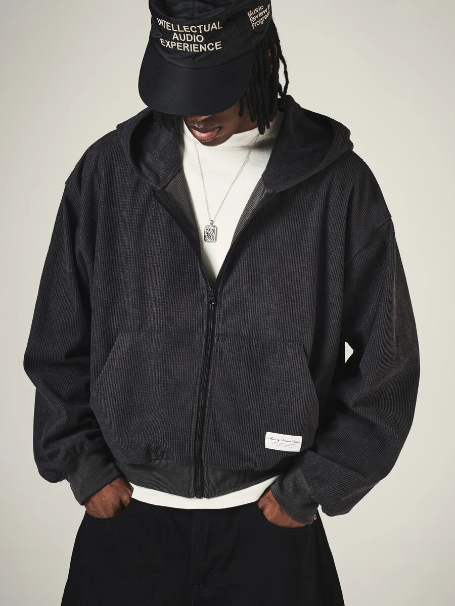 SUMWON Oversized Full-Zip Corduroy Hoodie With Side Pockets Ribbed Texture Casual Streetwear Winter Fall Essential - Dark Grey - View 1