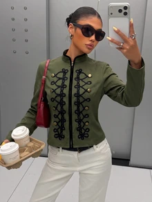 Muchica Olive Green Napoleon Braided Double Breasted Jacket Casual Military Style Winter Vacation Outerwear Going Out Basic Coat For Women - Army Green - View 4