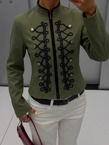 Muchica Olive Green Napoleon Braided Double Breasted Jacket Casual Military Style Winter Vacation Outerwear Going Out Basic Coat For Women - Army Green - View 7
