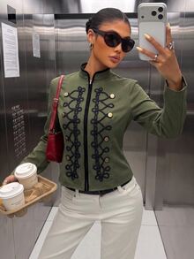 Muchica Olive Green Napoleon Braided Double Breasted Jacket Casual Military Style Winter Vacation Outerwear Going Out Basic Coat For Women - Army Green - View 6