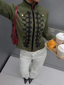 Muchica Olive Green Napoleon Braided Double Breasted Jacket Casual Military Style Winter Vacation Outerwear Going Out Basic Coat For Women - Army Green - View 8