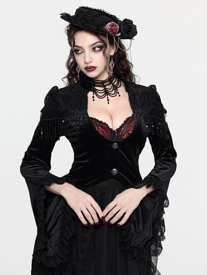 Goth جاكيت ذيل طويل بأسلوب قوطي ملكي بياقة منخفضة للنساء، خريف/شتاء