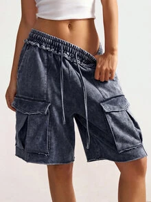 Bohemela Women's Casual Vacation Drawstring Waist Cargo Pocket Shorts Beach Blue Summer - Navy Blue - View 1