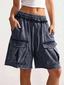 Bohemela Women's Casual Vacation Drawstring Waist Cargo Pocket Shorts Beach Blue Summer - Navy Blue - View 5