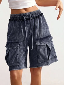 Bohemela Women's Casual Vacation Drawstring Waist Cargo Pocket Shorts Beach Blue Summer - Navy Blue - View 6