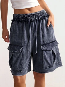 Bohemela Women's Casual Vacation Drawstring Waist Cargo Pocket Shorts Beach Blue Summer - Navy Blue - View 3
