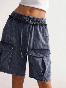 Bohemela Women's Casual Vacation Drawstring Waist Cargo Pocket Shorts Beach Blue Summer - Navy Blue - View 4