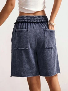 Bohemela Women's Casual Vacation Drawstring Waist Cargo Pocket Shorts Beach Blue Summer - Navy Blue - View 2